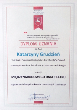 Dyplom uznania dla Katarzyny Grudzień