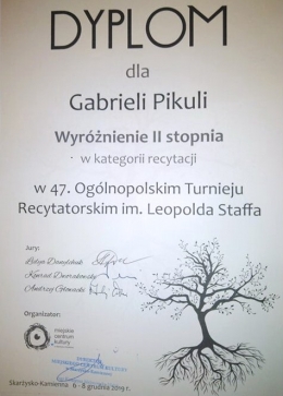 Gabriela Pikuła z wyróżnieniem na 47. Turnieju Recytatorskim im. Leopolda Staffa